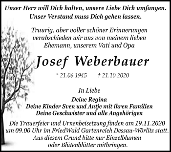 Traueranzeige von Josef Weberbauer von Super Sonntag Dessau-Roßlau
