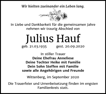 Traueranzeige von Julius Hauf von Mitteldeutsche Zeitung Wittenberg
