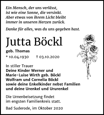 Traueranzeige von Jutta Böckl von Mitteldeutsche Zeitung Quedlinburg