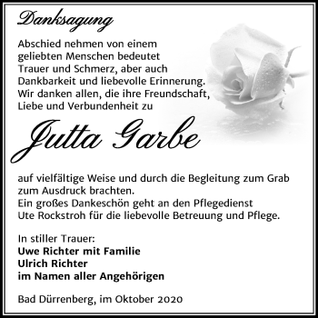 Traueranzeige von Jutta Garbe von Super Sonntag Merseburg/Querfurt