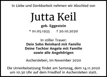 Traueranzeige von Jutta Keil von Super Sonntag Aschersleben
