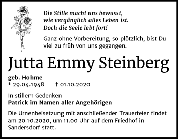 Traueranzeige von Jutta Emmy Steinberg von Mitteldeutsche Zeitung Bitterfeld