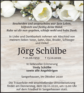 Traueranzeige von Jörg Schülbe von Super Sonntag Sangerhausen