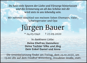 Traueranzeige von Jürgen Bauer von Super Sonntag Wittenberg