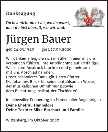Traueranzeige von Jürgen Bauer von Mitteldeutsche Zeitung Wittenberg