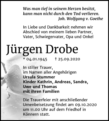 Traueranzeige von Jürgen Drobe von Mitteldeutsche Zeitung Bernburg