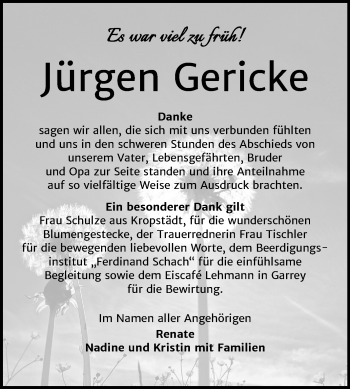 Traueranzeige von Jürgen Gericke von Super Sonntag Wittenberg