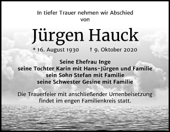 Traueranzeige von Jürgen Hauck von Mitteldeutsche Zeitung Halle/Saalkreis