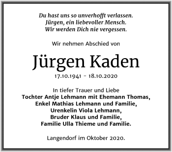 Traueranzeige von Jürgen Kaden von Mitteldeutsche Zeitung Weißenfels