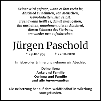 Traueranzeige von Jürgen Paschold von Mitteldeutsche Zeitung Merseburg/Querfurt