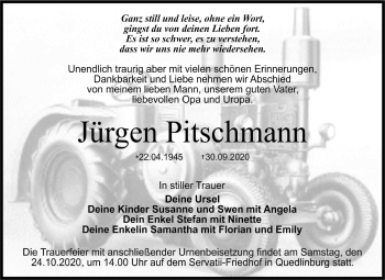 Traueranzeige von Jürgen Pitsehmann von Mitteldeutsche Zeitung Quedlinburg