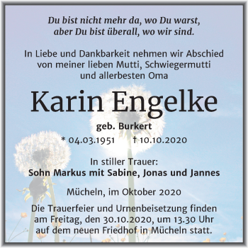 Traueranzeige von Karin Engelke von Mitteldeutsche Zeitung Merseburg/Querfurt