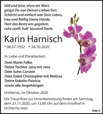 Traueranzeige von Karin Harnisch von Mitteldeutsche Zeitung Weißenfels