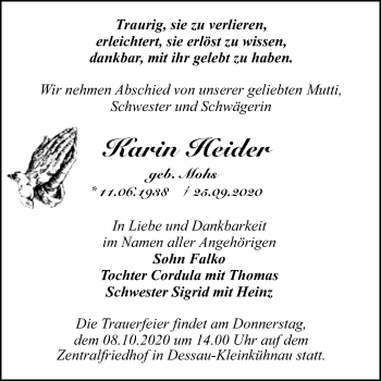 Traueranzeige von Karin Heider von Mitteldeutsche Zeitung Dessau-Roßlau