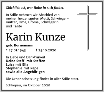 Traueranzeige von Karin Kunze von Mitteldeutsche Zeitung Merseburg/Querfurt