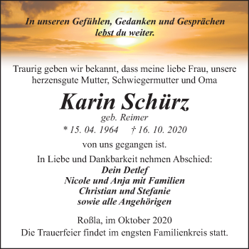 Traueranzeige von Karin Schürz von Wochenspiegel Sangerhausen