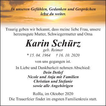 Traueranzeige von Karin Schürz von Mitteldeutsche Zeitung Sangerhausen