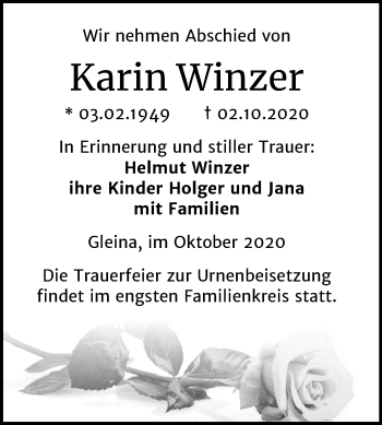 Traueranzeige von Karin Winzer von Mitteldeutsche Zeitung Naumburg/Nebra