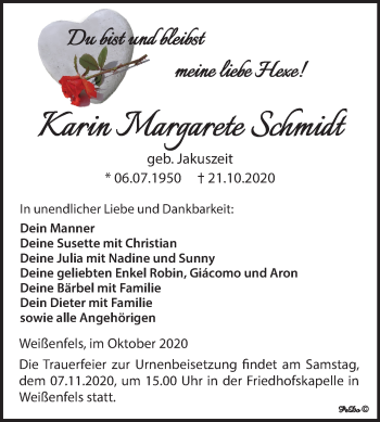 Traueranzeige von Karin Margarete Schmidt von Mitteldeutsche Zeitung Weißenfels