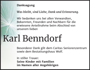 Traueranzeige von Karl Benndorf von Wochenspiegel Weißenfels