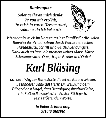 Traueranzeige von Karl Bläsing von Mitteldeutsche Zeitung Köthen