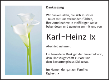 Traueranzeige von Karl Heinz Ix von Mitteldeutsche Zeitung Quedlinburg