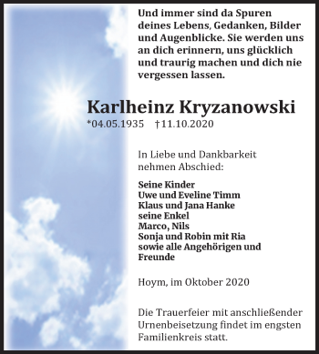 Traueranzeige von Karlheinz Kryzanowski von Super Sonntag Aschersleben
