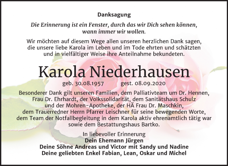  Traueranzeige für Karola Niederhausen vom 01.10.2020 aus Mitteldeutsche Zeitung Köthen
