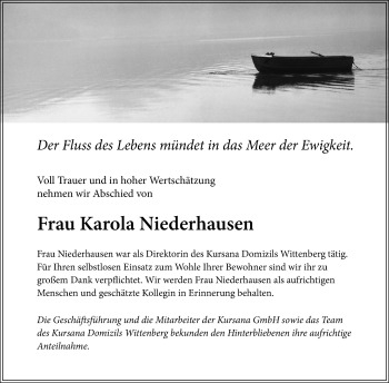 Traueranzeige von Karola Niederhausen von Mitteldeutsche Zeitung Köthen