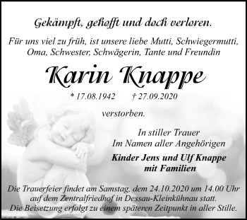 Traueranzeige von Kartm Knappe von Mitteldeutsche Zeitung Dessau-Roßlau