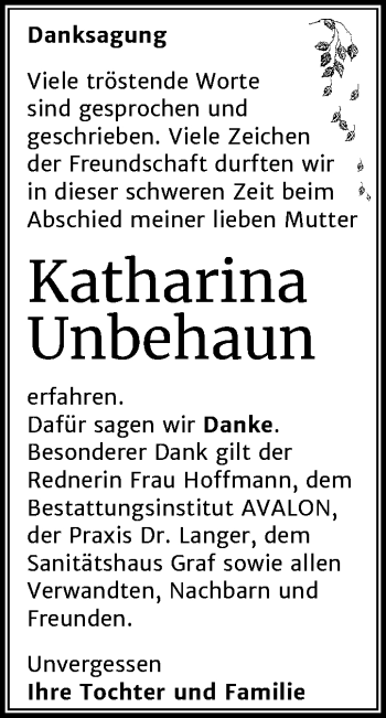 Traueranzeige von Katharina Unbehaun von Mitteldeutsche Zeitung Merseburg/Querfurt