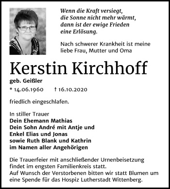 Traueranzeige von Kerstin Kirchhoff von Super Sonntag Wittenberg