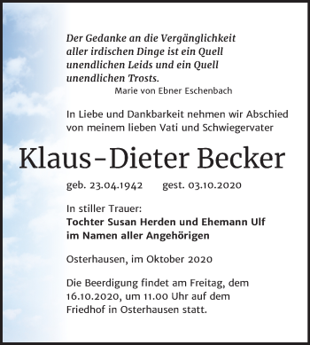 Traueranzeige von Klaus-Dieter Becker von Super Sonntag Mansfelder Land