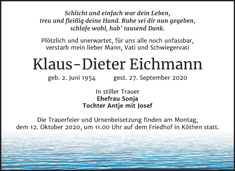  Traueranzeige für Klaus-Dieter Eichmann vom 02.10.2020 aus Super Sonntag Köthen