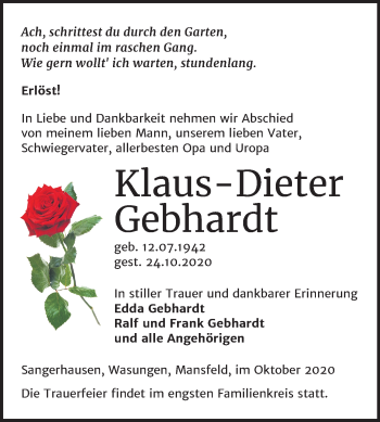 Traueranzeige von Klaus-Dieter Gebhardt von Mitteldeutsche Zeitung Sangerhausen