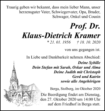 Traueranzeige von Klaus-Dieter Kramer von Mitteldeutsche Zeitung Sangerhausen