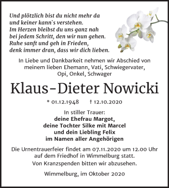 Traueranzeige von Klaus-Dieter Nowicki von Super Sonntag Mansfelder Land