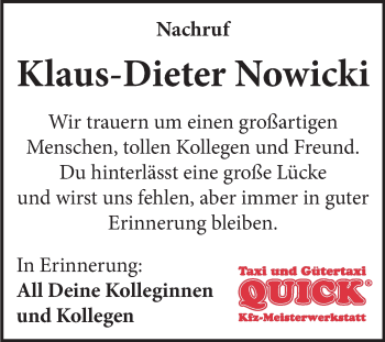 Traueranzeige von Klaus-Dieter Nowicki von Super Sonntag Mansfelder Land