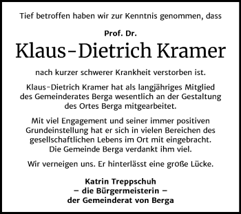 Traueranzeige von Klaus-Dietrich Kramer von Mitteldeutsche Zeitung Sangerhausen