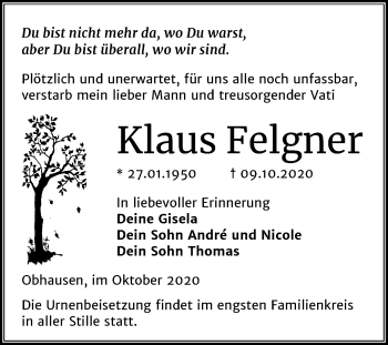 Traueranzeige von Klaus Felgner von Mitteldeutsche Zeitung Merseburg/Querfurt