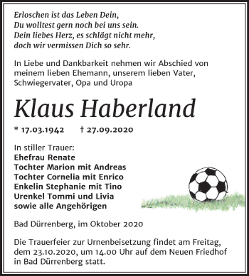 Traueranzeige von Klaus Haberland von Wochenspiegel Merseburg/Querfurt