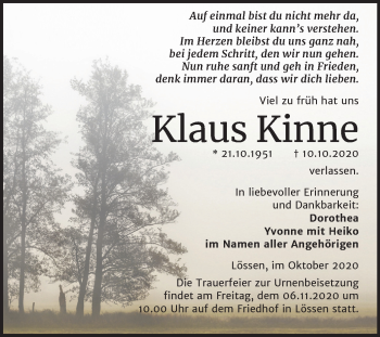 Traueranzeige von Klaus Kinne von Mitteldeutsche Zeitung Merseburg/Querfurt