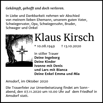 Traueranzeige von Klaus Kirsch von Mitteldeutsche Zeitung Mansfelder Land