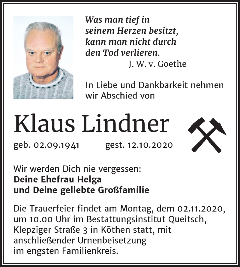  Traueranzeige für Klaus Lindner vom 17.10.2020 aus Mitteldeutsche Zeitung Köthen