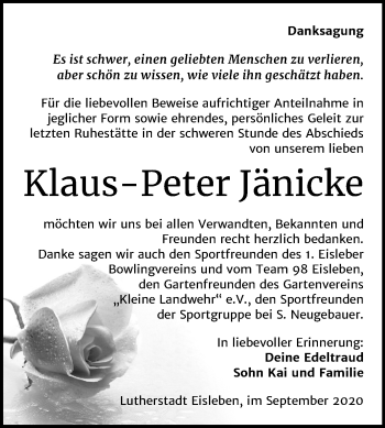 Traueranzeige von Klaus-Peter Jänicke von Mitteldeutsche Zeitung Mansfelder Land