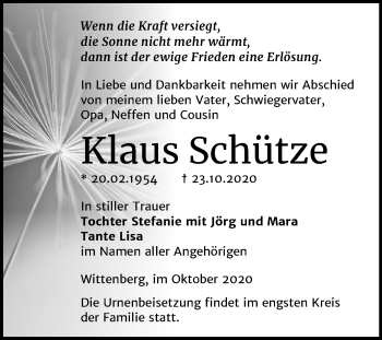 Traueranzeige von Klaus Schütze von Mitteldeutsche Zeitung Wittenberg