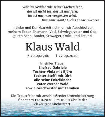 Traueranzeige von Klaus Wald von Mitteldeutsche Zeitung Bernburg