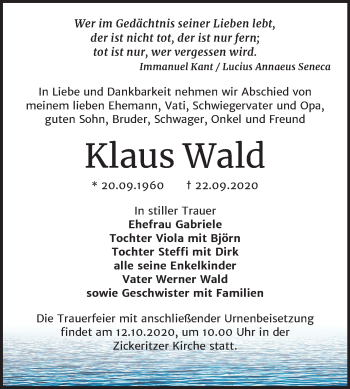 Traueranzeige von Klaus Wald von Super Sonntag Bernburg