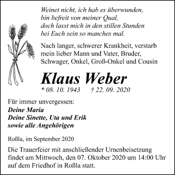 Traueranzeige von Klaus Weber von Mitteldeutsche Zeitung Sangerhausen