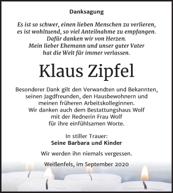 Traueranzeige von Klaus Zipfel von Mitteldeutsche Zeitung Weißenfels